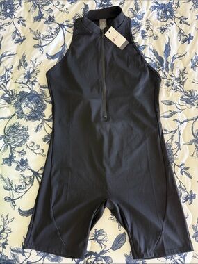 High-Neck Black Sleeveless Zip-Front Active Romper